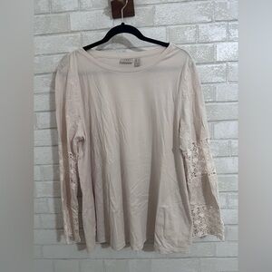 Womens cream Boho long sleeve embroidered and lace tunic top pockets sz L #1574